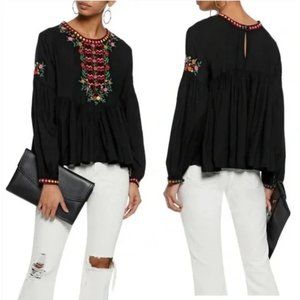 NWT Joie Ghita Embroidered Black Peasant Top Size Small